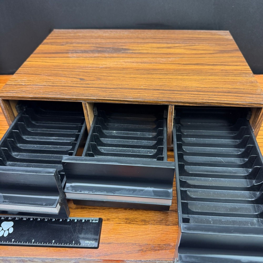 Cassette Tape Storage 3 Drawer Stacking Case Wood Grain Brown Retro Media Holder
